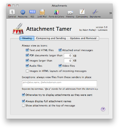 Screenshot: Email Attachment Settings